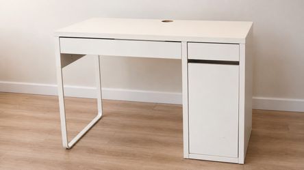 White IKEA MICKE Desk with Drawer and Storage Cabinet