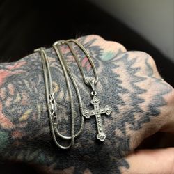 925 Sterling Silver Snake Chain Necklace 20” w/ Marcasite Cross Pendant