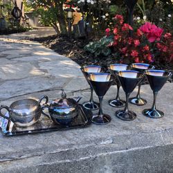 Vintage Valero Goblets And Tea Serving Tray + Pot ( Made In Spain )