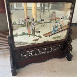 Antique Asian Reverse Painting On Glass Fire Screen