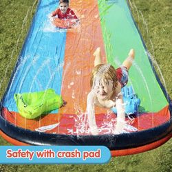 Coopark Triple Water Slide Slip for Kids and Inflatable Slide Surf Rider Sliding Lanes Splash and Slide with 3 Boogie Boards for Backyard (16FT)
