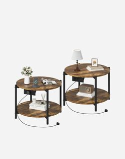 23.6" Round End Table with Charging Station 2 Tier Industrial Side Nightstand,Rustic Brown