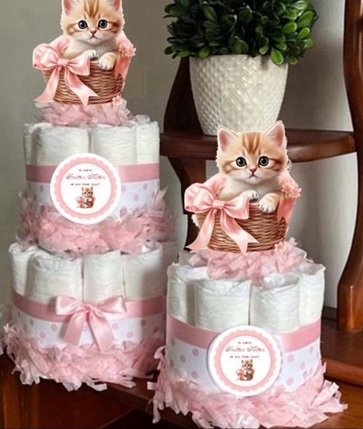 2 PINK and WHITE kitty baby shower diaper cakes 