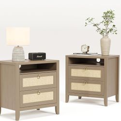 Dowinx 23.6" Rattan Night Stand Set of 2, Boho Nightstands with Charging Station, 2 Drawers and Strage Shelf, Large Night Stand Set of 2 for Bedroom S