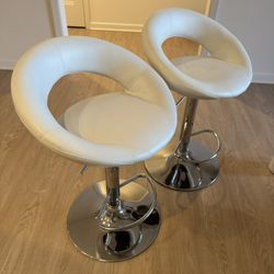 PU Round Shape Barstool Set, White Adjustable Bar Stool