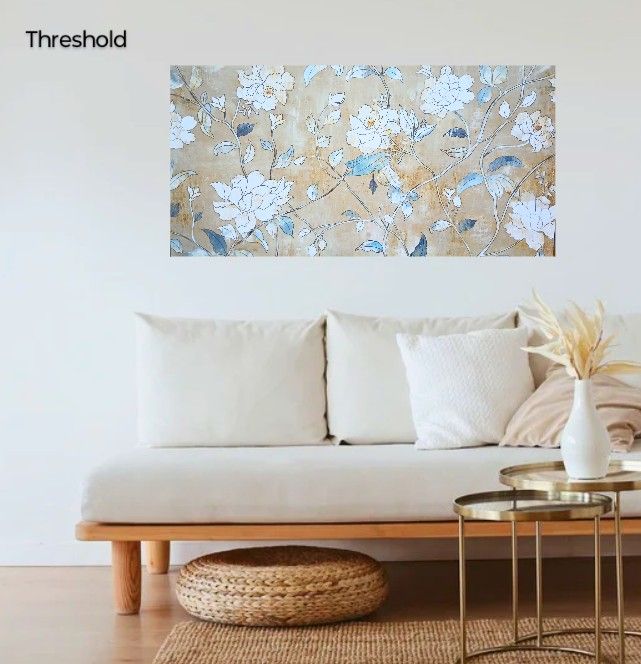 Brand New 47,2 " X 23,6 " Printed Canvas Floral Tan White Blue And Gold