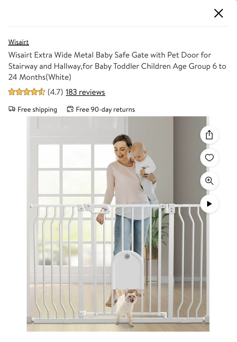 Wisairt Extra Wide Metal Baby Safe Gate W/ Pet Door Fits Opening Between 29.5” to 48.8 White NEW