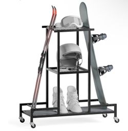Standing Ski Storage Rack, Holds Snowboards & Skis, 3-Tier Organizer for Gear, Black - Ski Rack for Garage with Anti-Slipmat