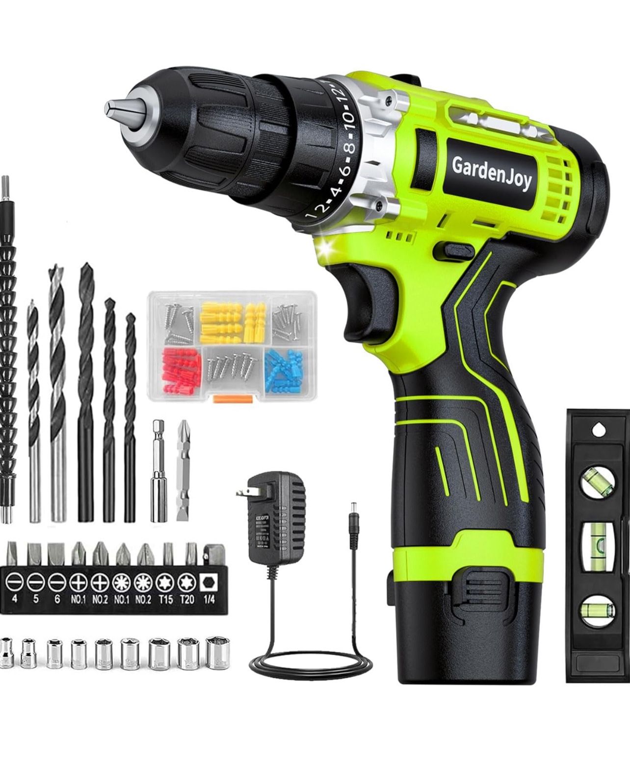 Brandnew Cordless Power Drill Set: 12V Electric Drill with Battery and Charger, 65pcs Acessories, 3/8"Keyless Chuck, 2 Variable Speed, 24+1 Position,