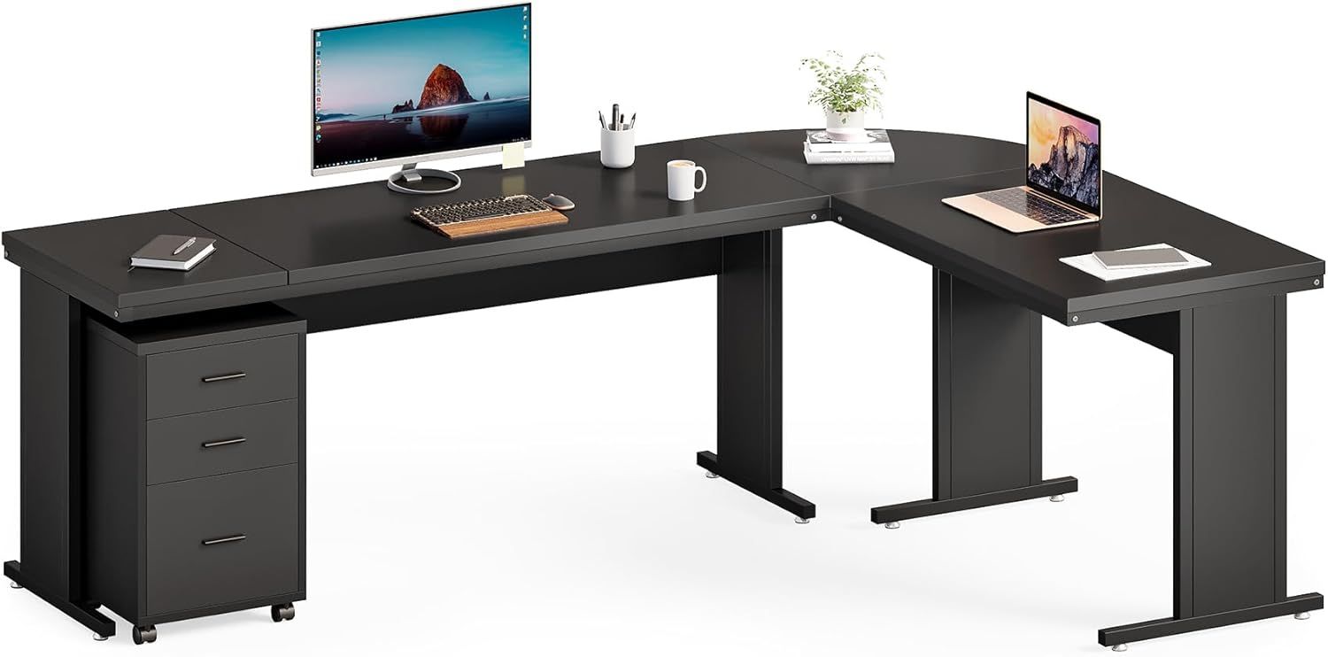 LITTLE TREE 82.67" Long Executive Desk Large L-Shaped Computer Office Desk with 3-Drawer Mobile File Cabinet, Industrial Business Furniture Desk Works