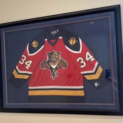 VINTAGE FLORIDA PANTHERS #34 NHL JERSEY. PROFESSIONALLY MOUNTED, MATTED AND FRAMED. 54” x 41”.  PERFECT FOR PANTHERS COLLECTOR.