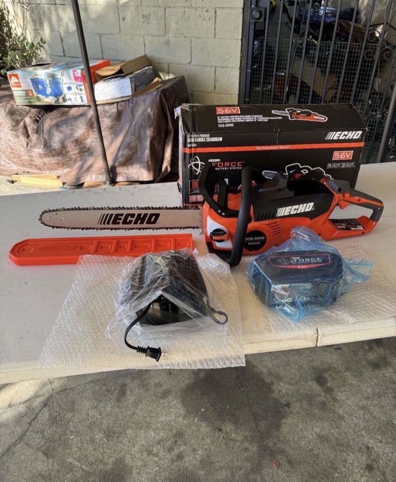 ECHO FORCE 18 in. 56V Cordless Electric Battery Brushless Rear Handle Chainsaw Kit with 5.0Ah Battery and Charger