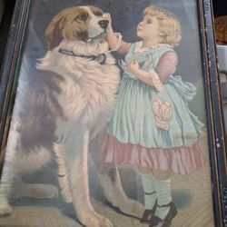 Antique Print Little Girl And Her Dog