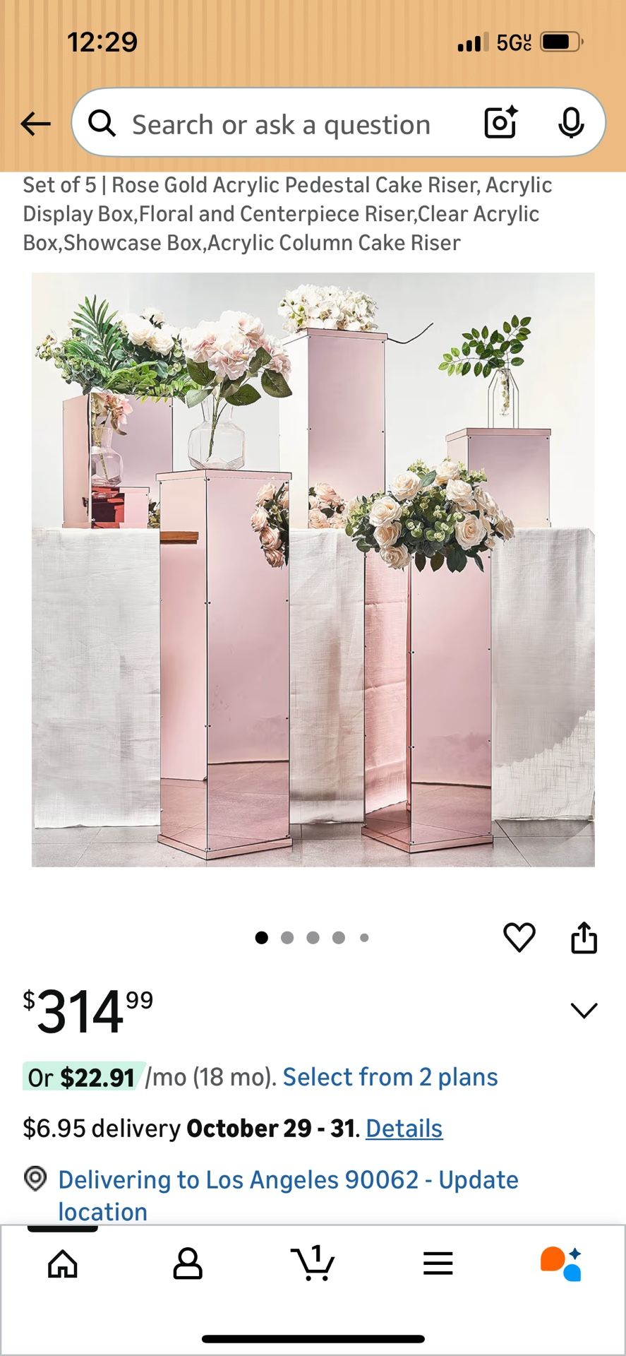 5 Rose Gold Acrylic Pedestal Display Boxes.