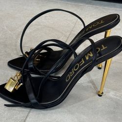 Tom Ford Padlock 105mm Sandals Size 39 100% Auth shiny leather pointed toe