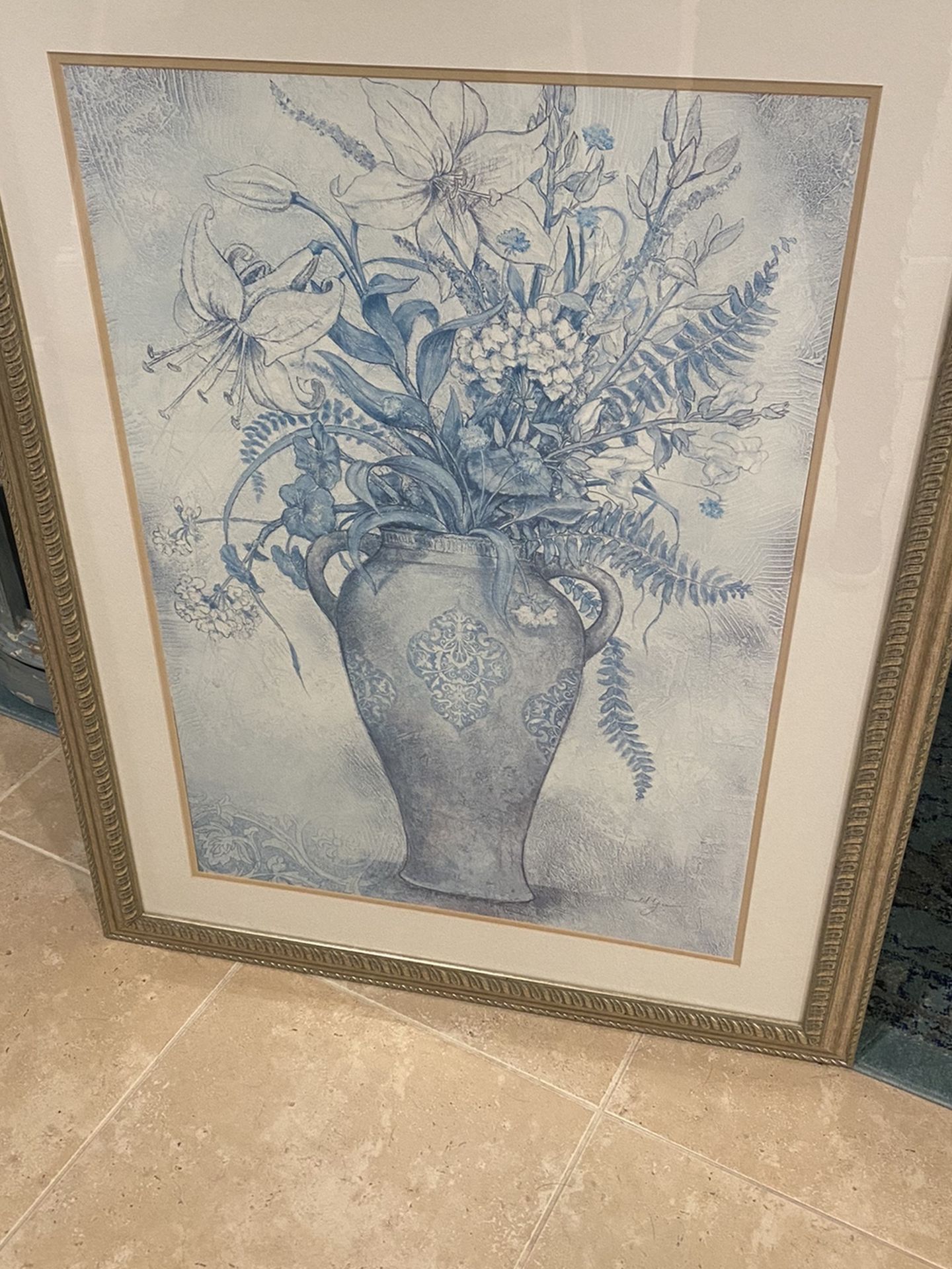 Oriental Blue Floral Artwork Picture In Gold Frame 44 X 34