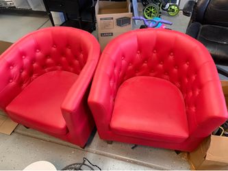 Pair of Red Tufted Barrel Chairs / Accent Chairs