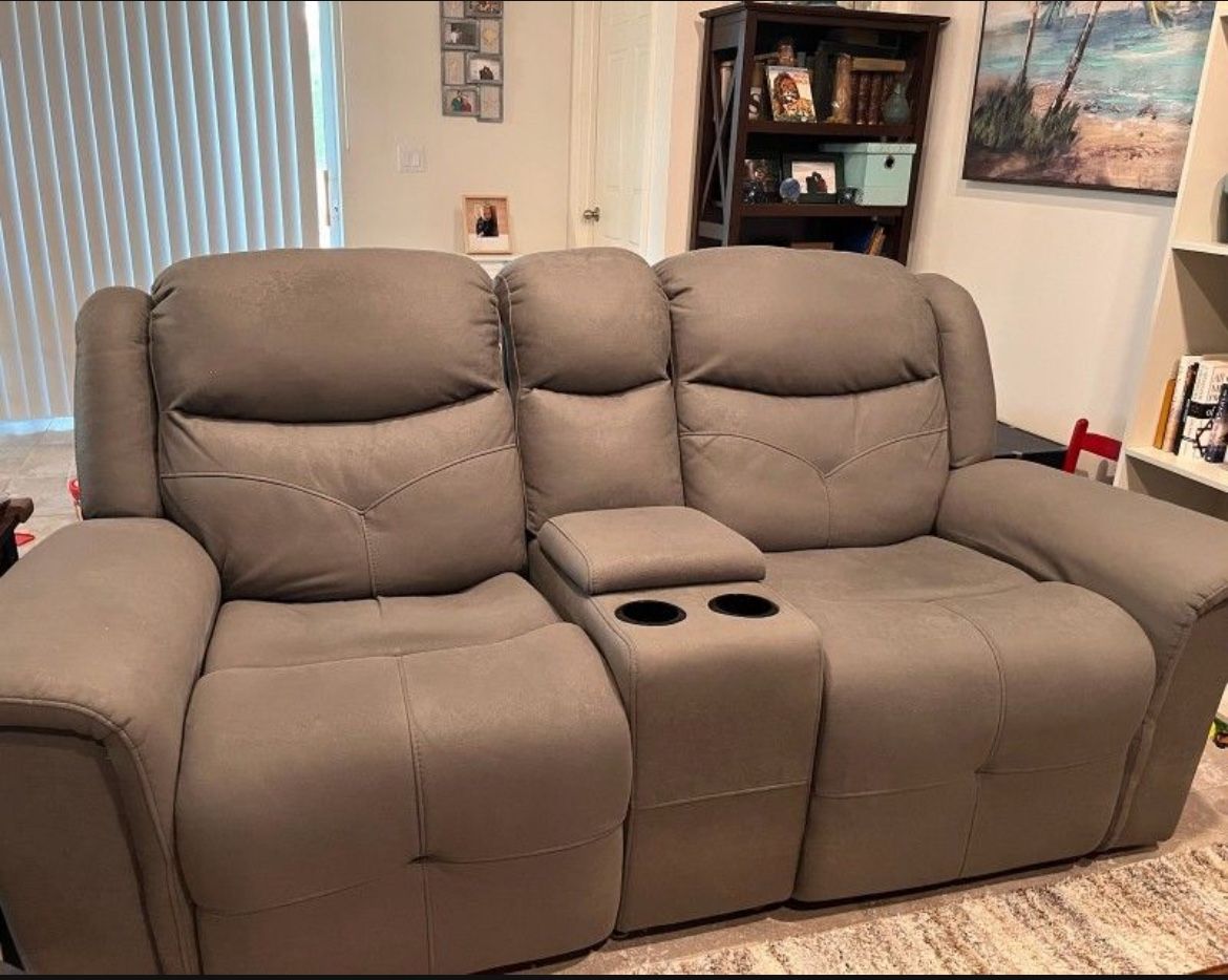 Calvin Light Gray Micro Power Reclining Console Loveseat