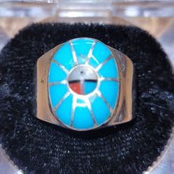 Zuni Style Turquoise Inlay Sunface Men's Sterling Silver Ring