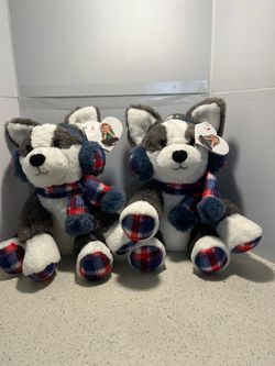 Husky Plush Stuffed Animals with Plaid Scarf – Set of 2