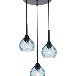 New in box Miluces3 Light Pendant Lighting with Striped Swirl Globe Glass Blue Cluster Pendant Light