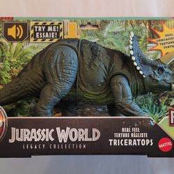The Jurassic World Mattel Legacy Collection Real-Feel Triceratops is a highly detailed and lifelike action figure based on the iconic Triceratops from