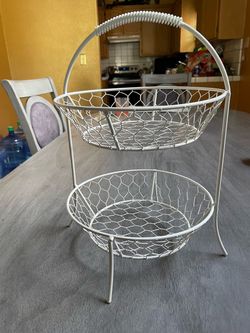 2-Tier White Wire Basket Stand