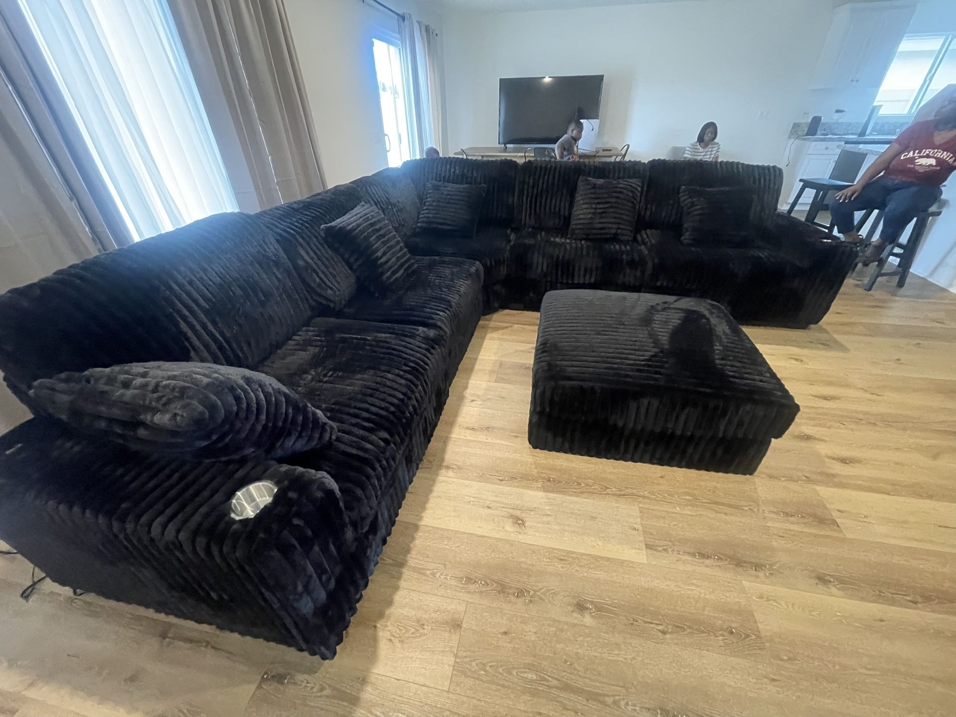 Large Black Corduroy Sectional With Ottoman