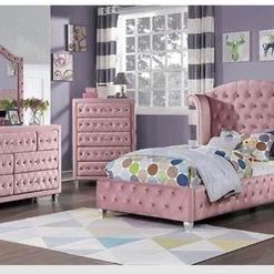 Brand New Princess Pink 4 Piece Velvet Bedroom Set— Twin, Full And Queen Size Available