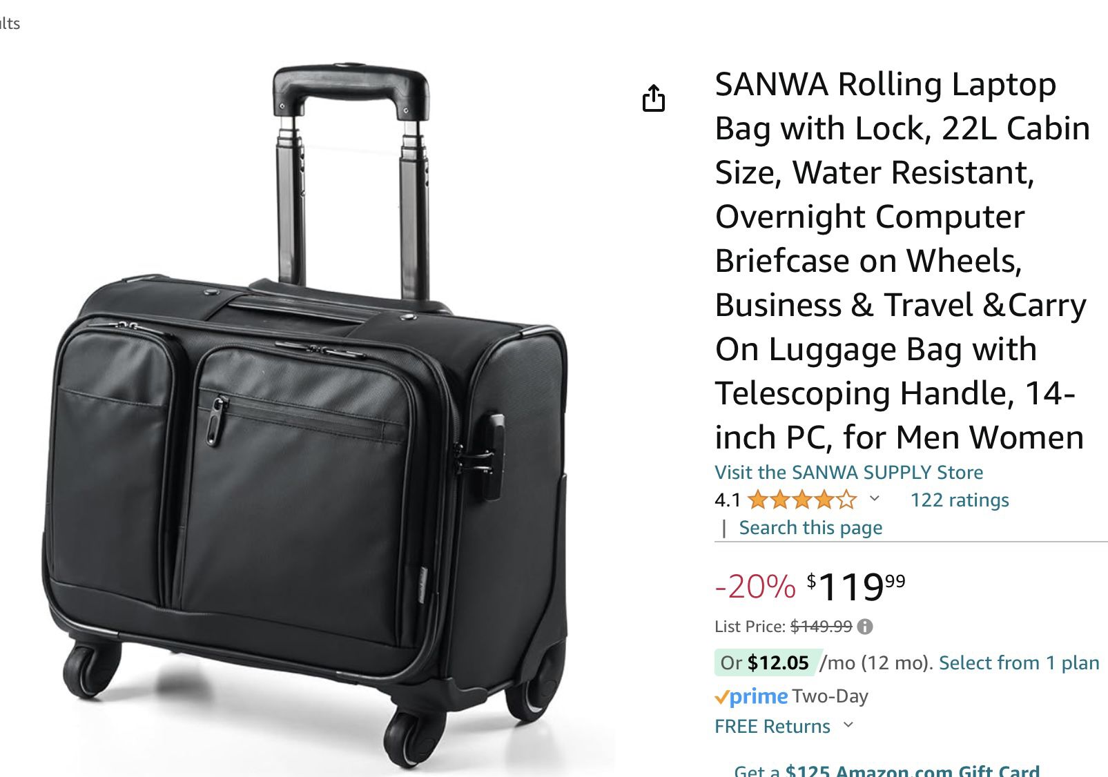 Rolling Laptop Bag With Lock, 22L Carry One Size Water Resistant