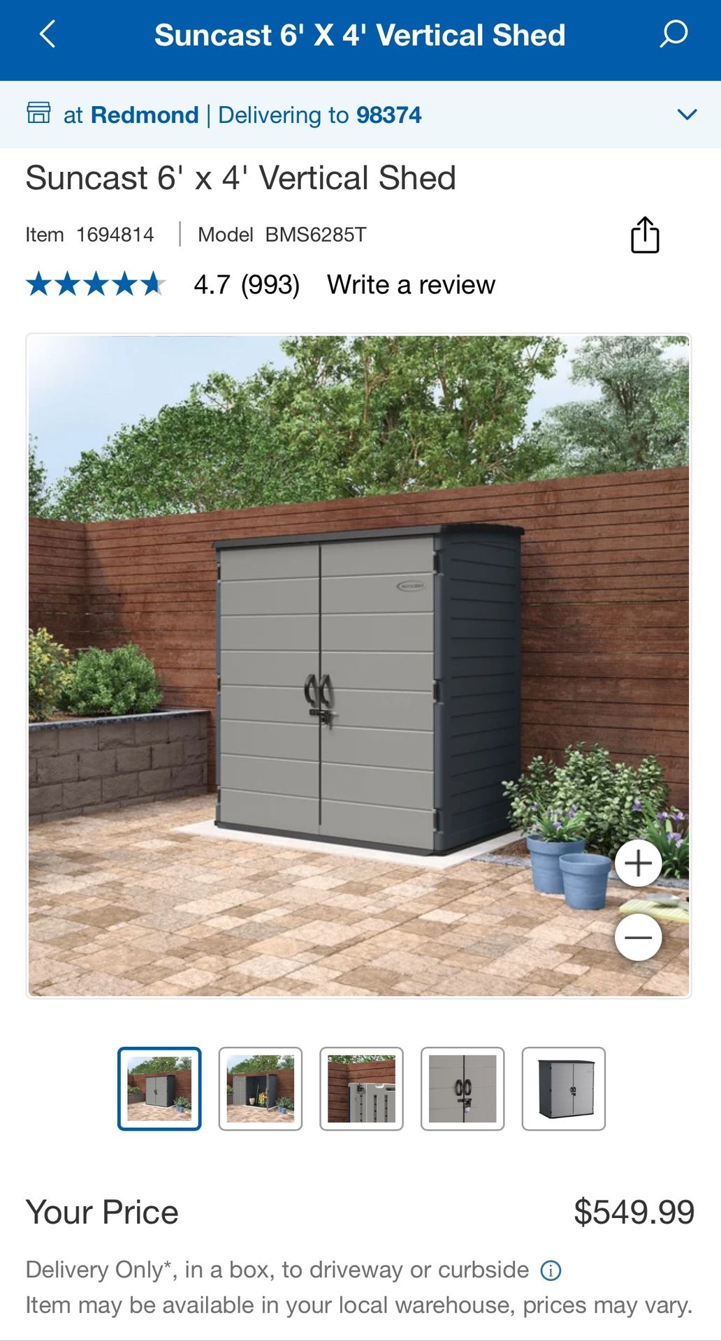 Suncast 6x4 Extra Large Vertical Shed (New in Box)