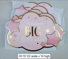 NEW $1 Each Oh Baby! Dream Big Little One (4 available) Hanging Cloud Sign Metallic Pink Gold Girl Baby Shower Gender Reveal