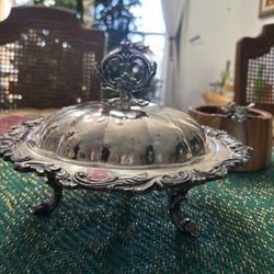 Antique Vintage Silver On Copper Ornate Footed Serving Bowl With Lid 