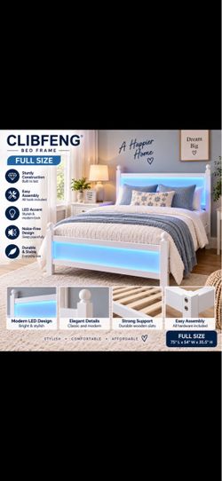NEW Full Size Bed Frame with LED Lights – White
