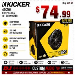 Kicker Comp Series C10 Bass Speaker 10" 300 Watt Subwoofer 4-Ohm 43C104 🚨 Payment Options Available 🚨 No Credit Needed 🚨