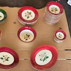 Assorted China Set, White Rose with Red and Green Border with 22k Gold Rim. (Incomplete Set)