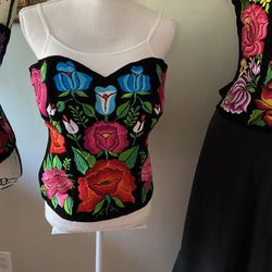 Corsets Top Blusa Shirt Mexican Embroidered 