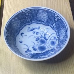 Porcelain Blue And White Sunflower Pattern Floral Rice Bowl Japan 