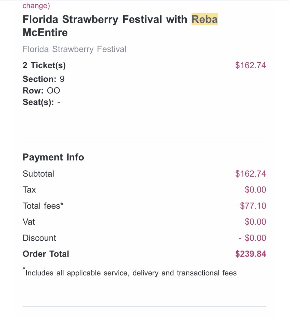 🎟️ 2 Tickets for Reba McEntire at the Florida Strawberry Festival – FOR SALE! 🎟️