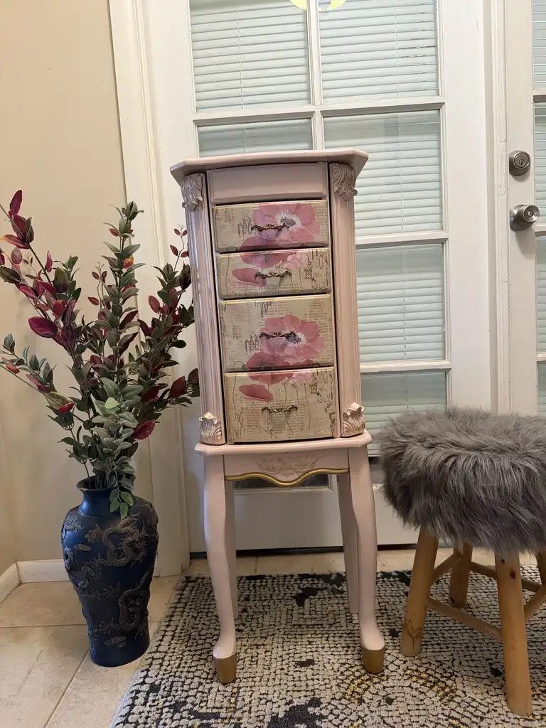Refinished French Provincial Style Jewelry Armoire with Mirror