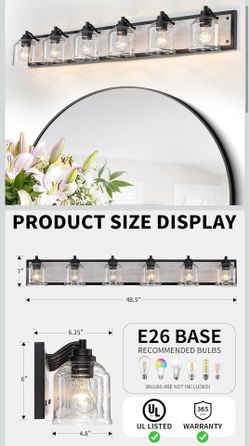 Vanity Lights for Bathroom Large 48 inch, Farmhouse Rustic Vanity Light with Bubble Glass Shades, Gray 6 Light Bathroom Lighting Fixtures Over Mirror,