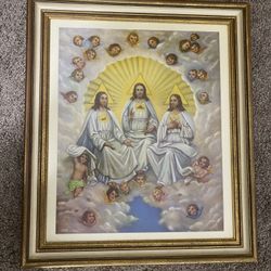 Vintage Antique Holy Trinity Jesus framed Print Early 1900s Mexico 