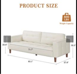 Cream Tufted 3-Seat Sofa with Wood Legs