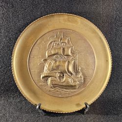 Vintage Mid-Century Modern Solid Brass Handcrafted English Clipper Ship Hanging 12" Wall Art