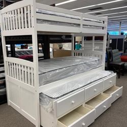 Just $10 Down Payment Finance ▪️Micah White Twin / Twin Bunk Bed With Trundle/Drawers 