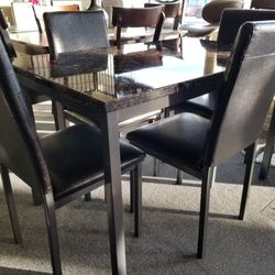 Brand New 48" x 30" Brown Faux Marble Metal Dining Table + 4 Brown Faux Leather Chairs