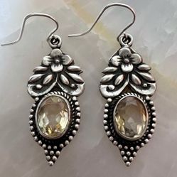 Vintage Flowers Citrine Gemstone Sterling Silver 925 Dangle Earrings