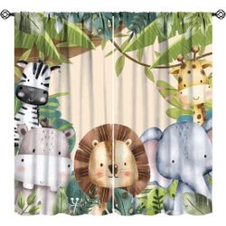 Jungle Animals Curtains Colorful Forest Cartoon Wildlife Lion Giraffe Elephant for Kids Boys Girls Nursery Bedroom Living Room Blackout Rod Pocket Dec