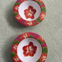 2 Melamine Soup Bowls With Red And Pink Hibiscus Floral Design, Hawaiian Tropical