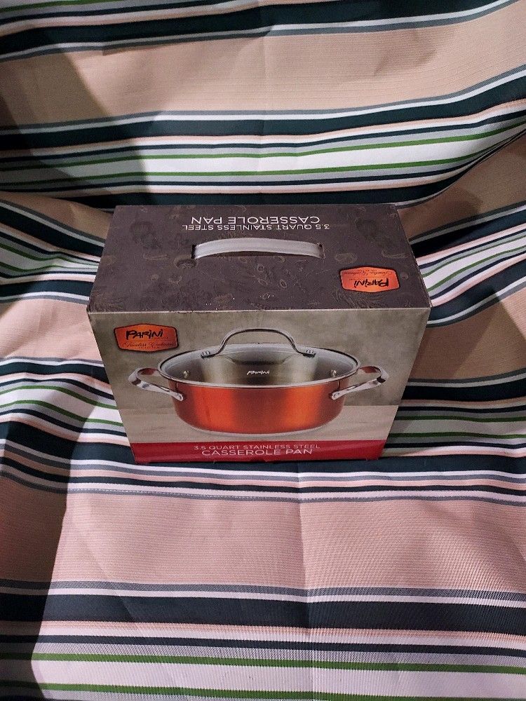 Parini 3.5 Quart Stainless Steel Casserole Pan with a glass lid.